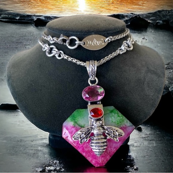 925 sterling silver overlay pink green agate & mystic topaz bee boho necklace . - Picture 9 of 14